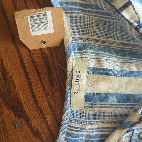 new EMBROIDERED Tassel TIE NECK PEASANT TOP blue/cream stripe Boho NWT Sz S - Picture 4 of 8